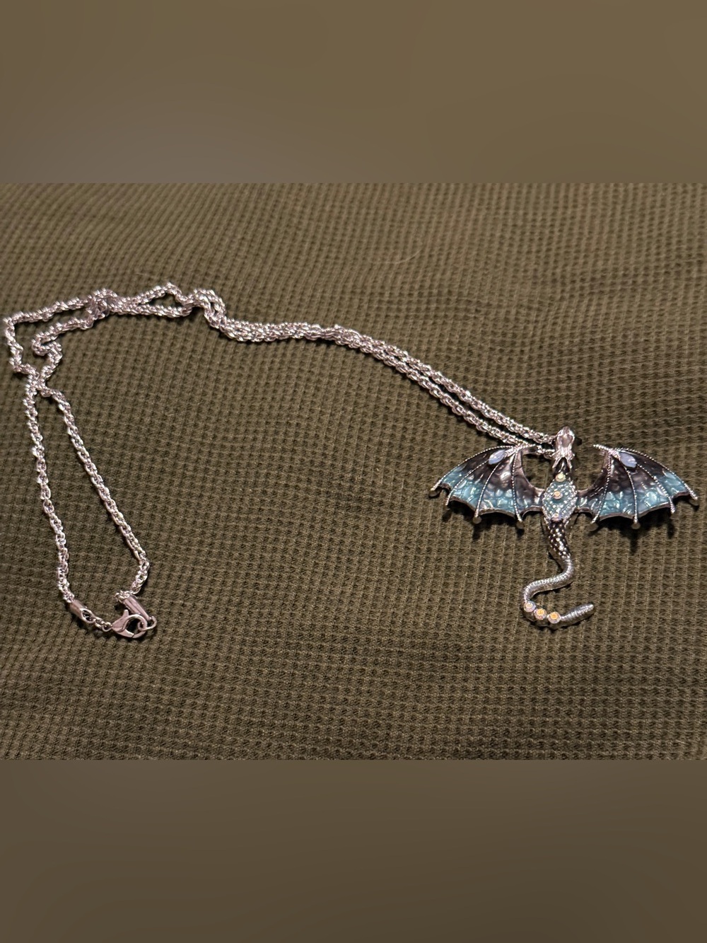 Silver-Tone Dragon Wing Pendant Necklace in Teal Blue